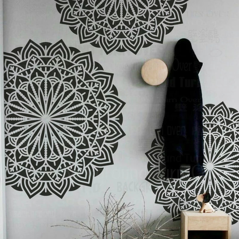 Stencil mural mandala symétrique gris artisanal adhésif taille 35x70cm 30x60cm 50x50cm 40x80cm 45x90cm
