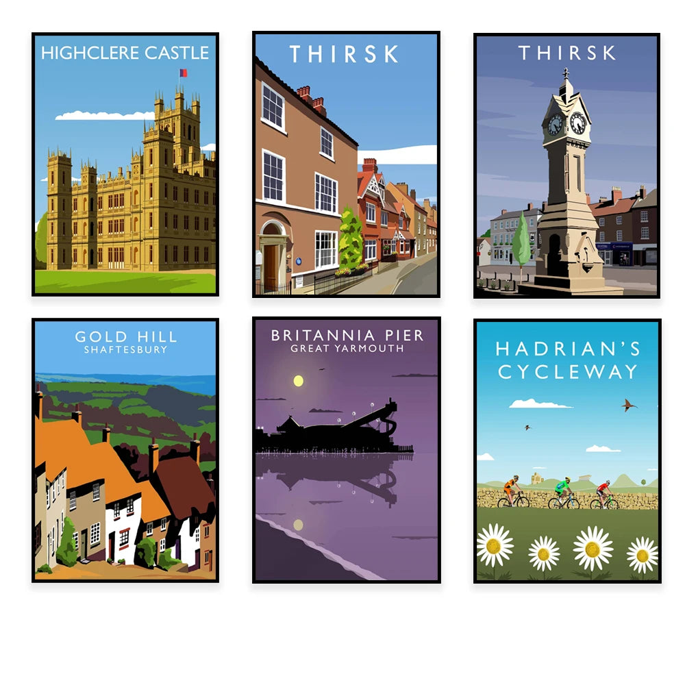 Ce jeu d'affiches touristiques présente différents lieux emblématiques d'Angleterre, comme le château de Highclere, la ville de Thirsk, la plage de Britannia Pier à Great Yarmouth, ainsi que des paysages champêtres et une piste cyclable.