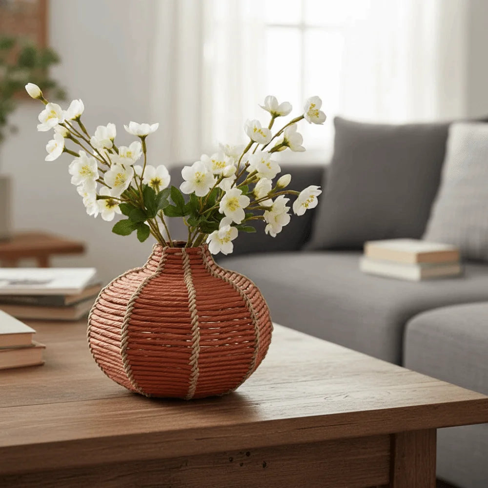 vase tissé main vert olive orange beige rustique artisanal