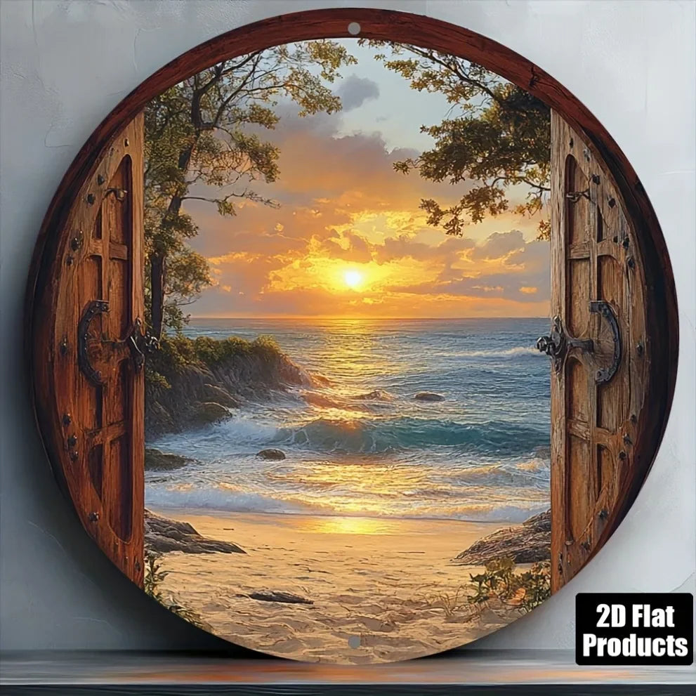 cadre mural vintage océan coucher soleil bleu gris marron bordure métallique vieillie 20x20cm