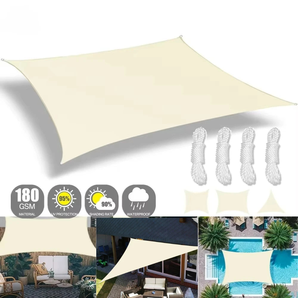 voile d'ombrage beige clair extérieur tissu oxford robuste anneaux métalliques cordes blanches