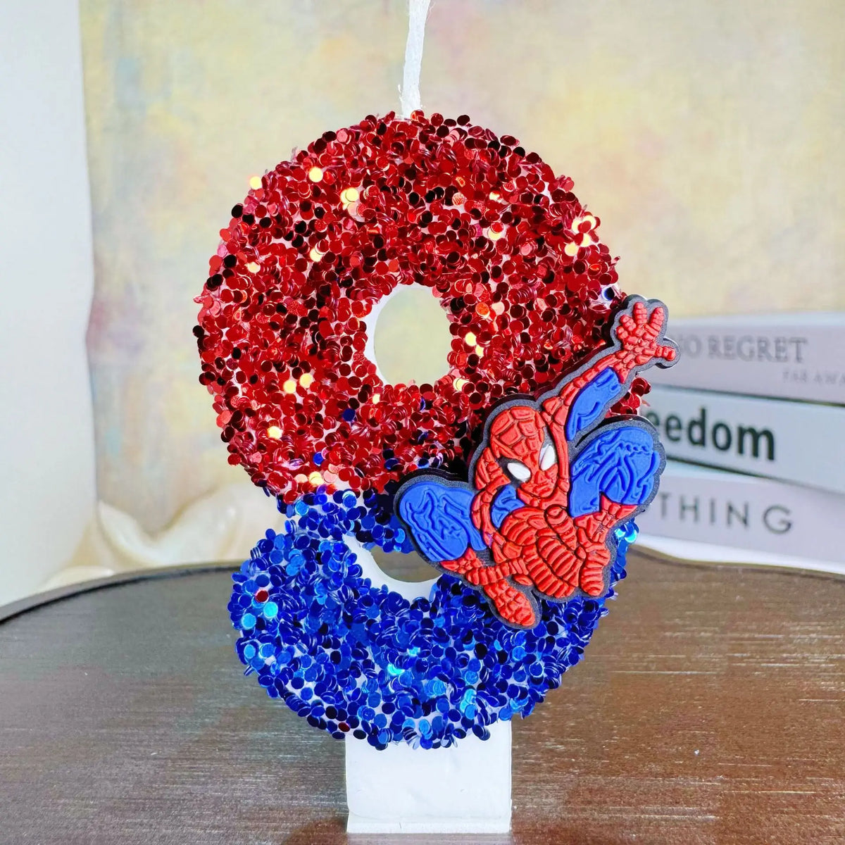bougies décoratives anniversaire spiderman sequins brillants rouge bleu noir decoration gâteau fête thème
