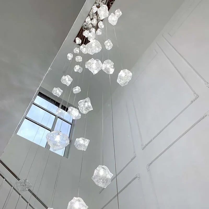 lustre moderne blanc transparent cubes géométriques suspension câbles blancs lumière chaude lumière froide 30w