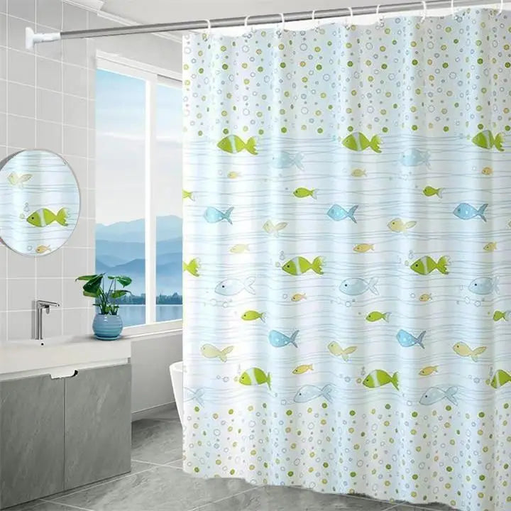 rideau douche poissons pois bleu clair vert jaune moderne enfant ondulé opacité anneaux