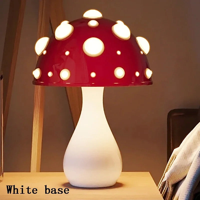 lampe poser led rouge blanche texture bois moderne points blancs chapeau