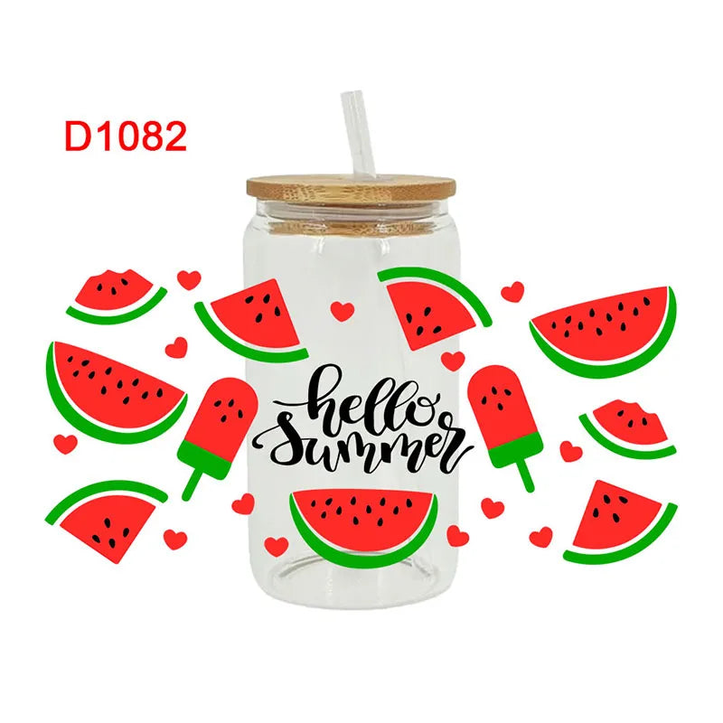 autocollants décoration diy fruits fleurs transparent tropical bouteille verre couvercle paille
