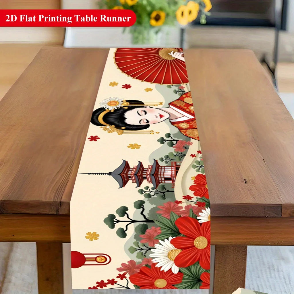 table runner japonais traditionnel motif kimono fleurs table couverts assiettes verres bougies printemps été