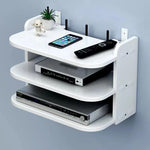 support mural blanc moderne étagère électronique rangement minimaliste multiprise routeur décodeur télécommande