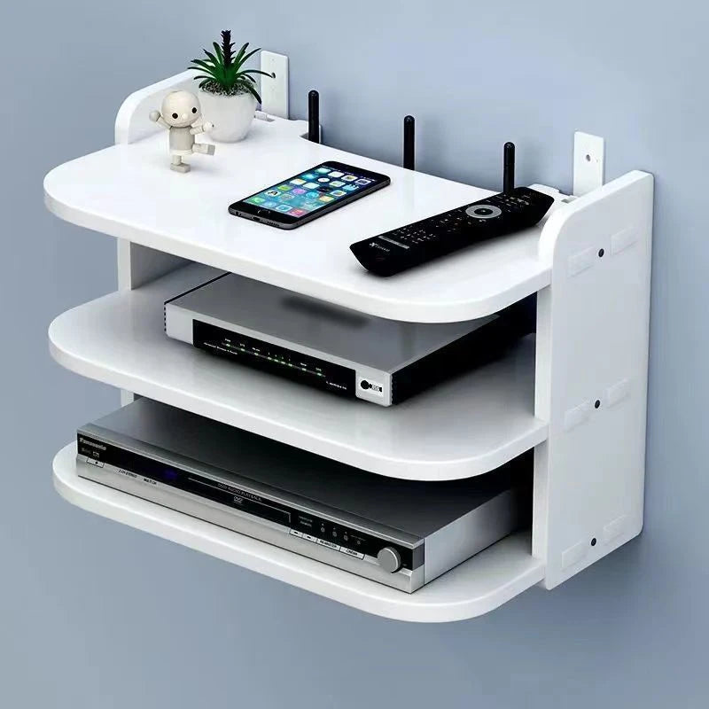 support mural blanc moderne étagère électronique rangement minimaliste multiprise routeur décodeur télécommande