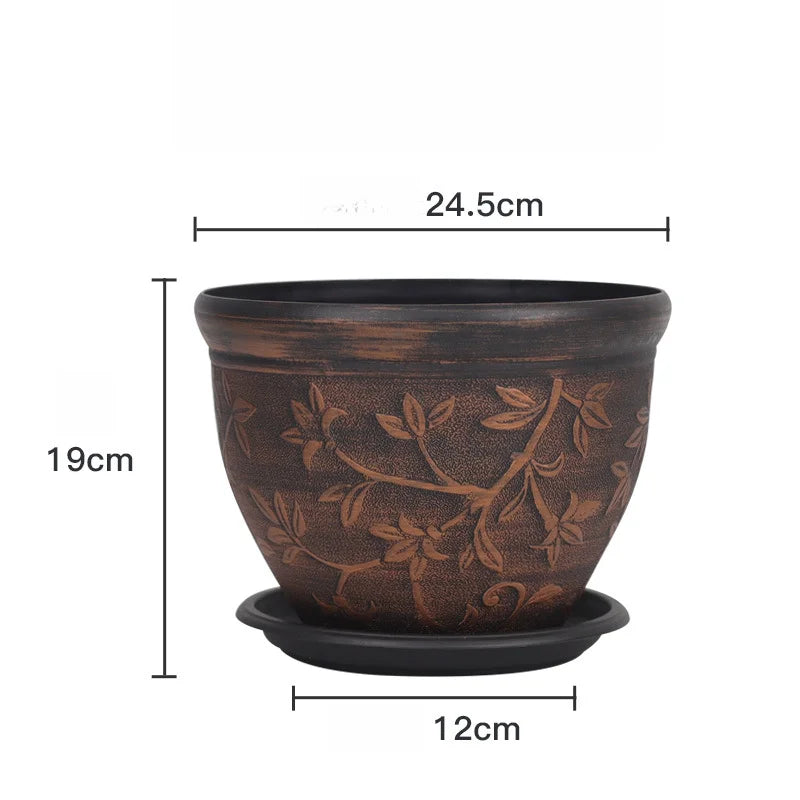 pots fleurs noirs classiques gravures feuilles fleurs plateau drainage visible