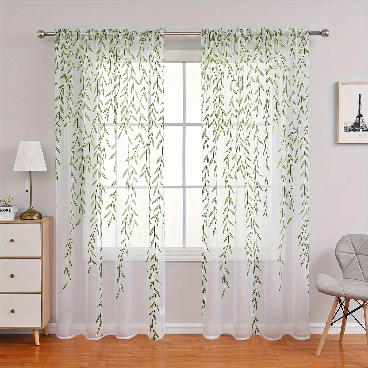 rideau moderne feuilles vertes blancs fenêtre maison 100% polyester deux pièces