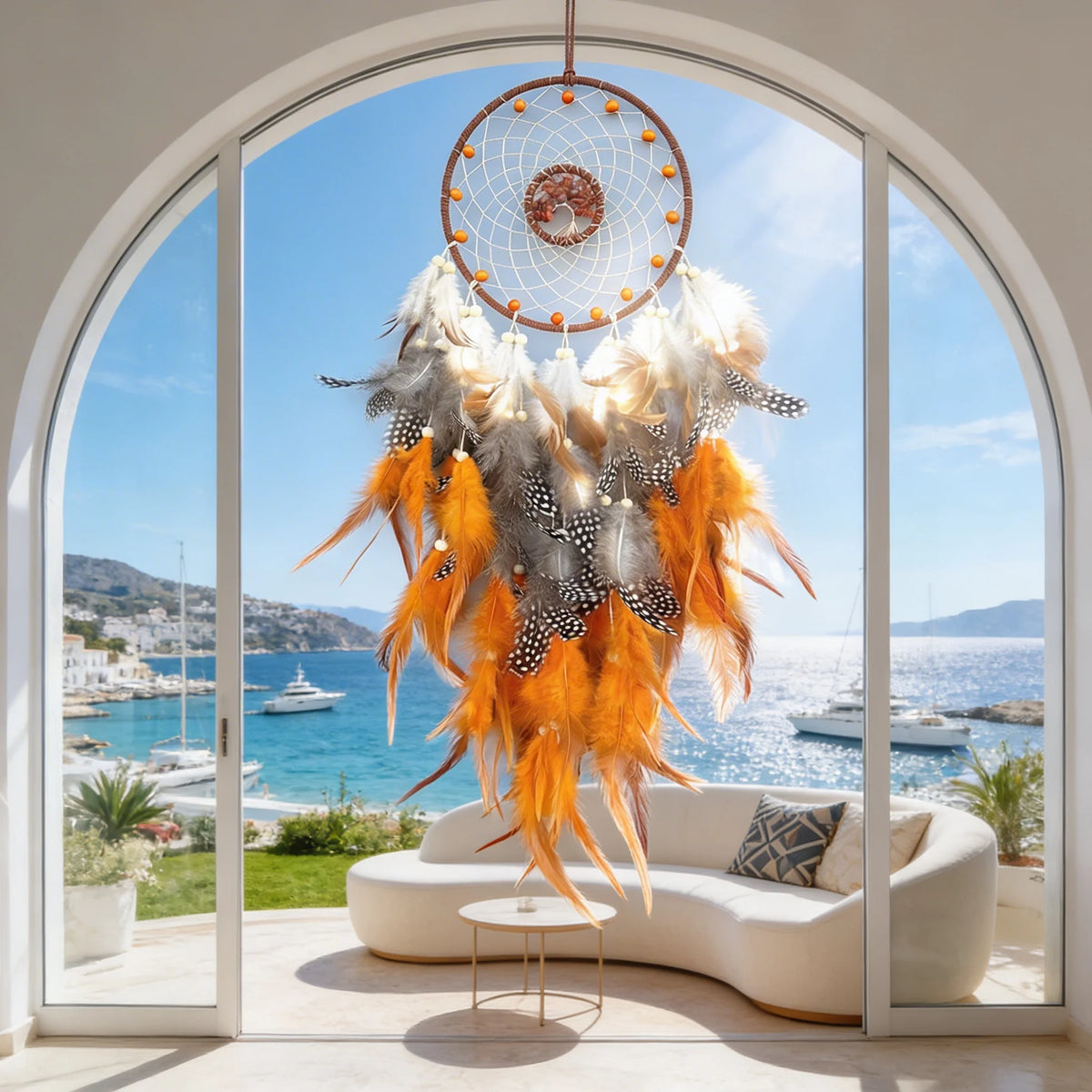 attrape rêves boho chic plumes multicolore bleu rouge gris orange salon chambre