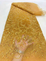 tissu décoratif brodé fleurs paillettes marron blanc vert rose or bleu translucide coton polyester
