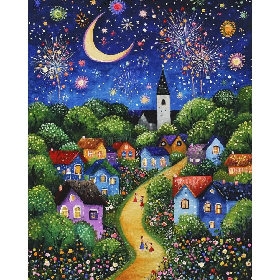 tableau diamant paysage nocturne fleurs colorées adultes décoration mur naïf multicolore bleu rouge vert