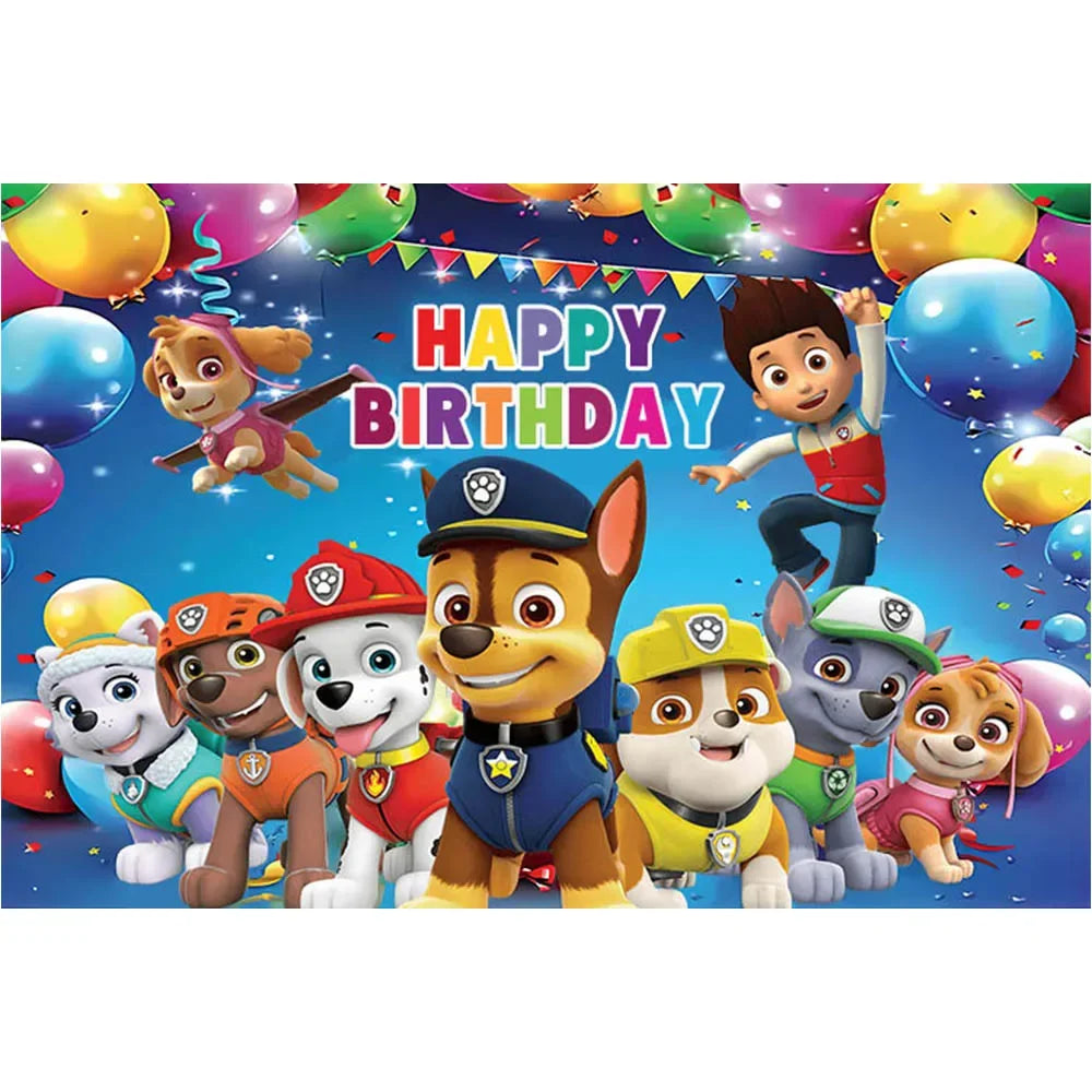 toile fond anniversaire pat'patrouille personnages ballons happy birthday bleu multicolore cartoon événement festif