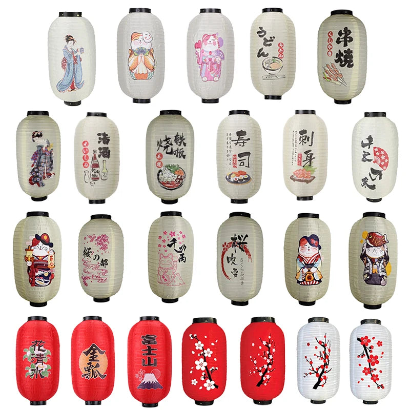 lanterne japonaise papier rouge blanc motif fleur cerisier mont fuji décoration restaurant mariage