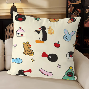 housse coussin carré beige motif pingouin cartoon décoratif salon chambre enfant tissu coton