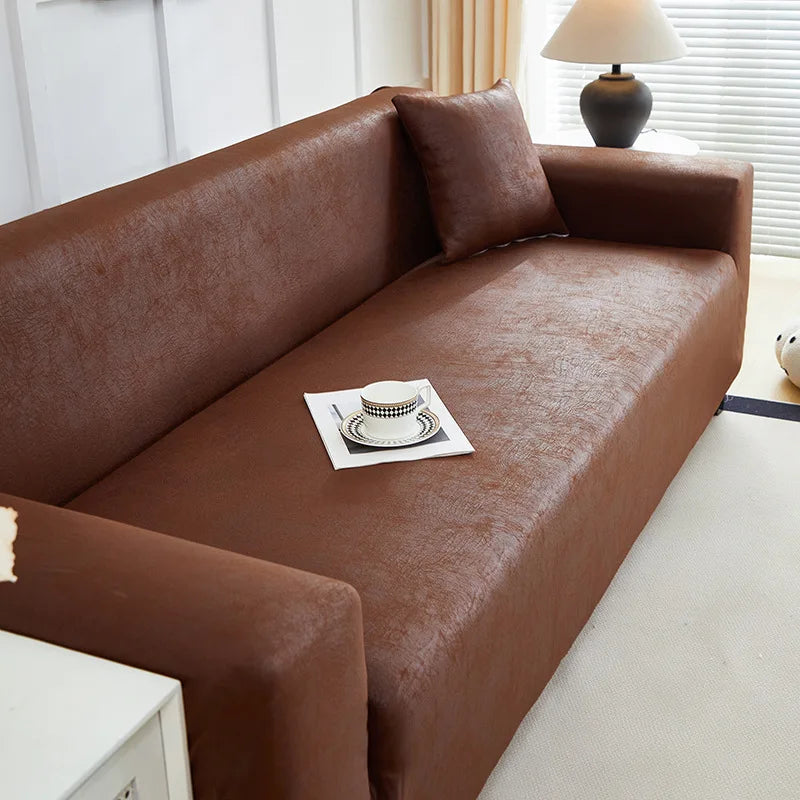 Housse canapé marron texture cuir moderne adhésif lavage machine tout compris