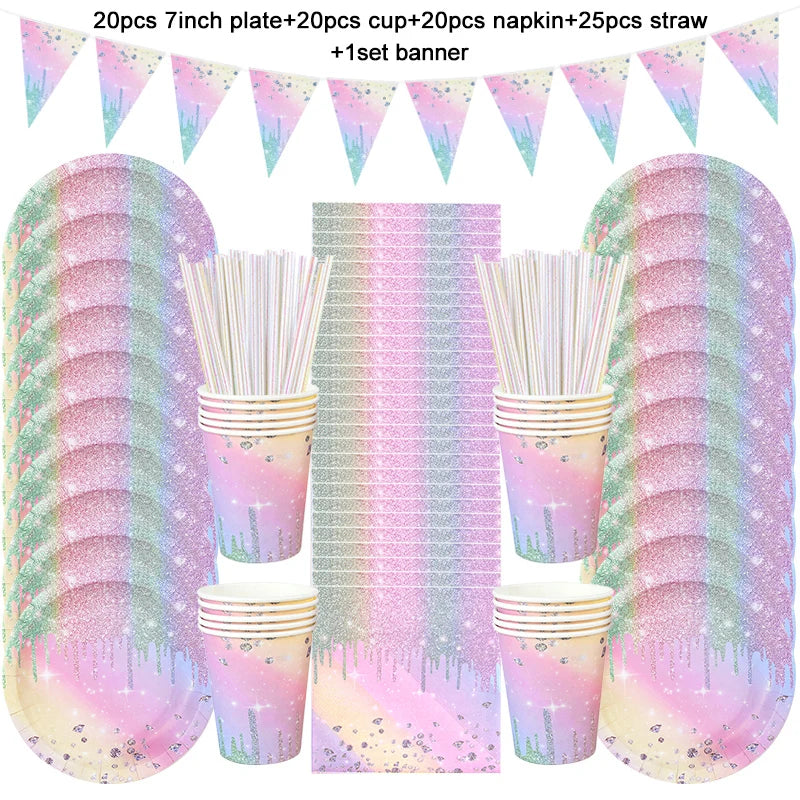 vaisselle jetable fête anniversaire moderne multicolore pailletée assiettes tasses serviettes pailles bannière happy birthday