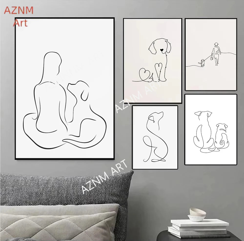 tableau cadre noir peinture toile chat chien humain minimaliste noir blanc décor