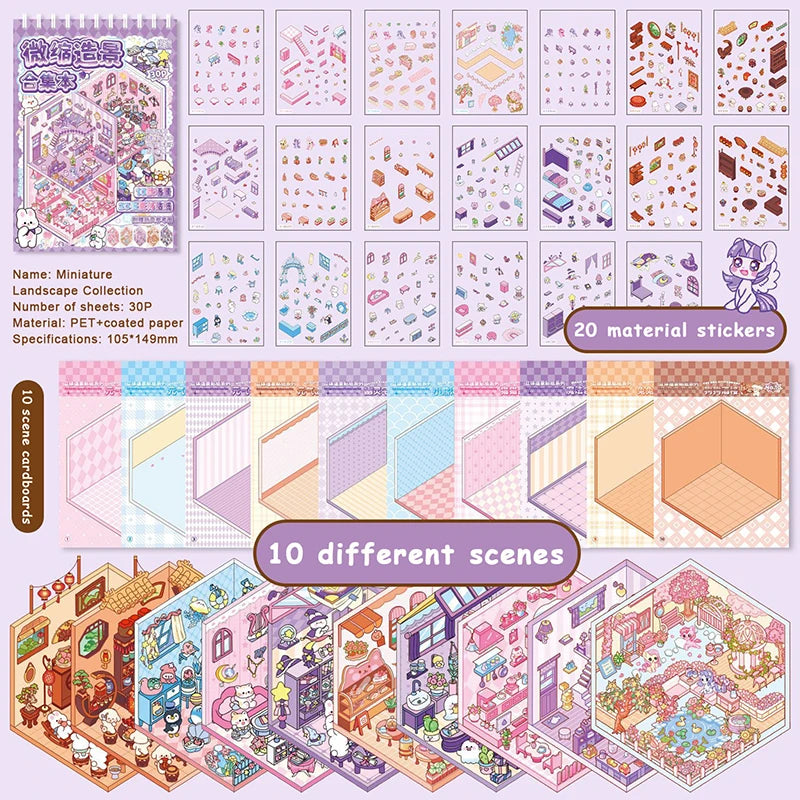 livre autocollants illustrations animaux scènes miniatures dessin animé violet rose mignon éducatif enfants adolescents