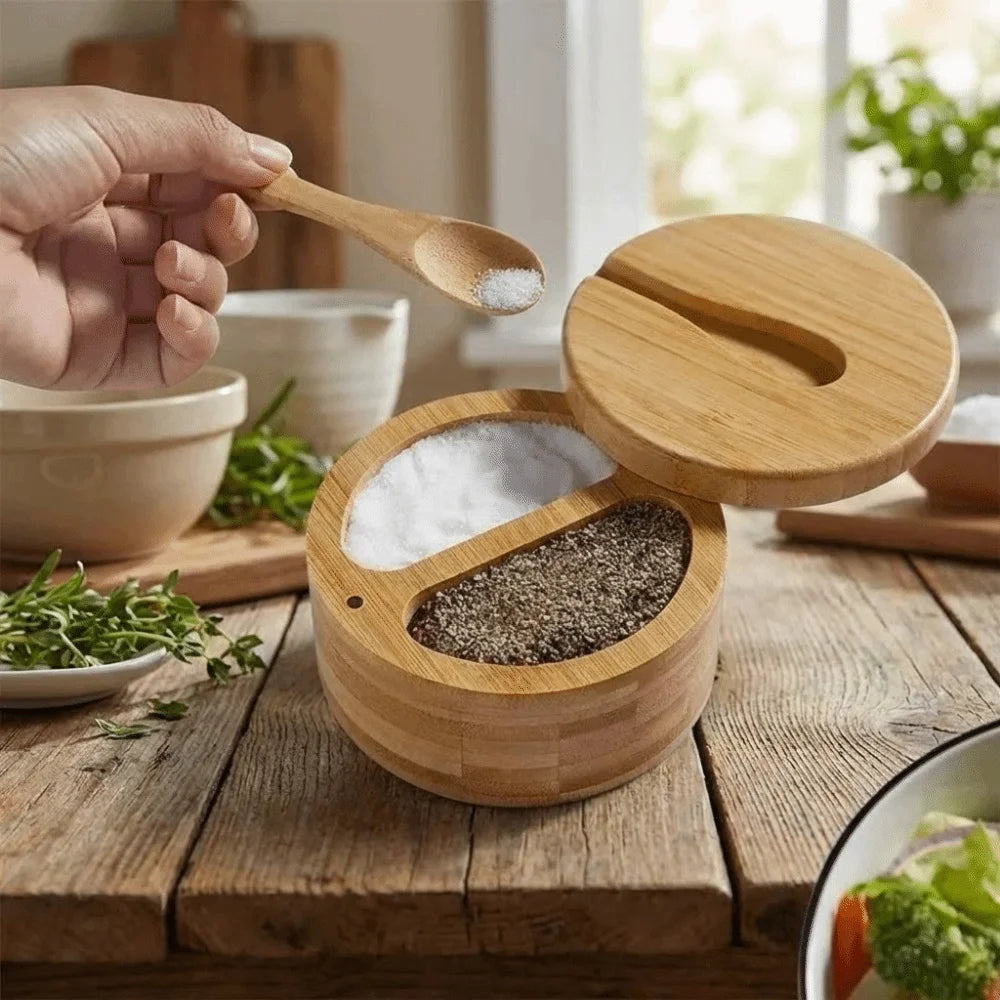 boîte épices bois naturel moderne compartiments cuillère sel poivre minimaliste