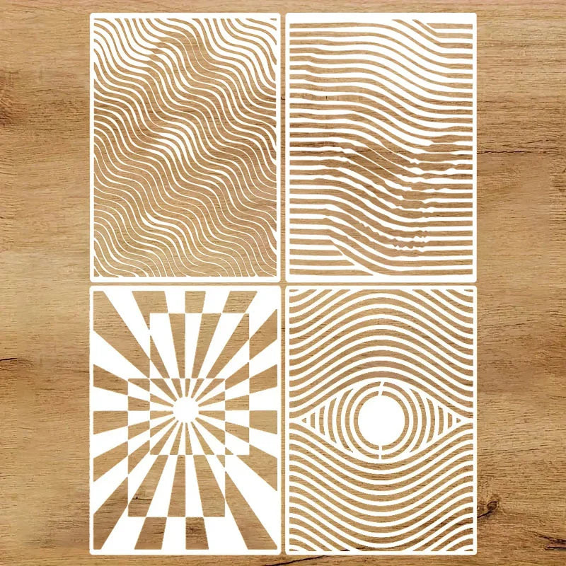 pochoirs peinture abstraite gabarits A4 rayures ondulées motif radial oeil moderne diy bois murs
