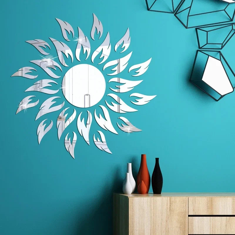 miroir mural moderne argent doré noir feuilles stylisées adhésif décoration maison abstrait set multiple