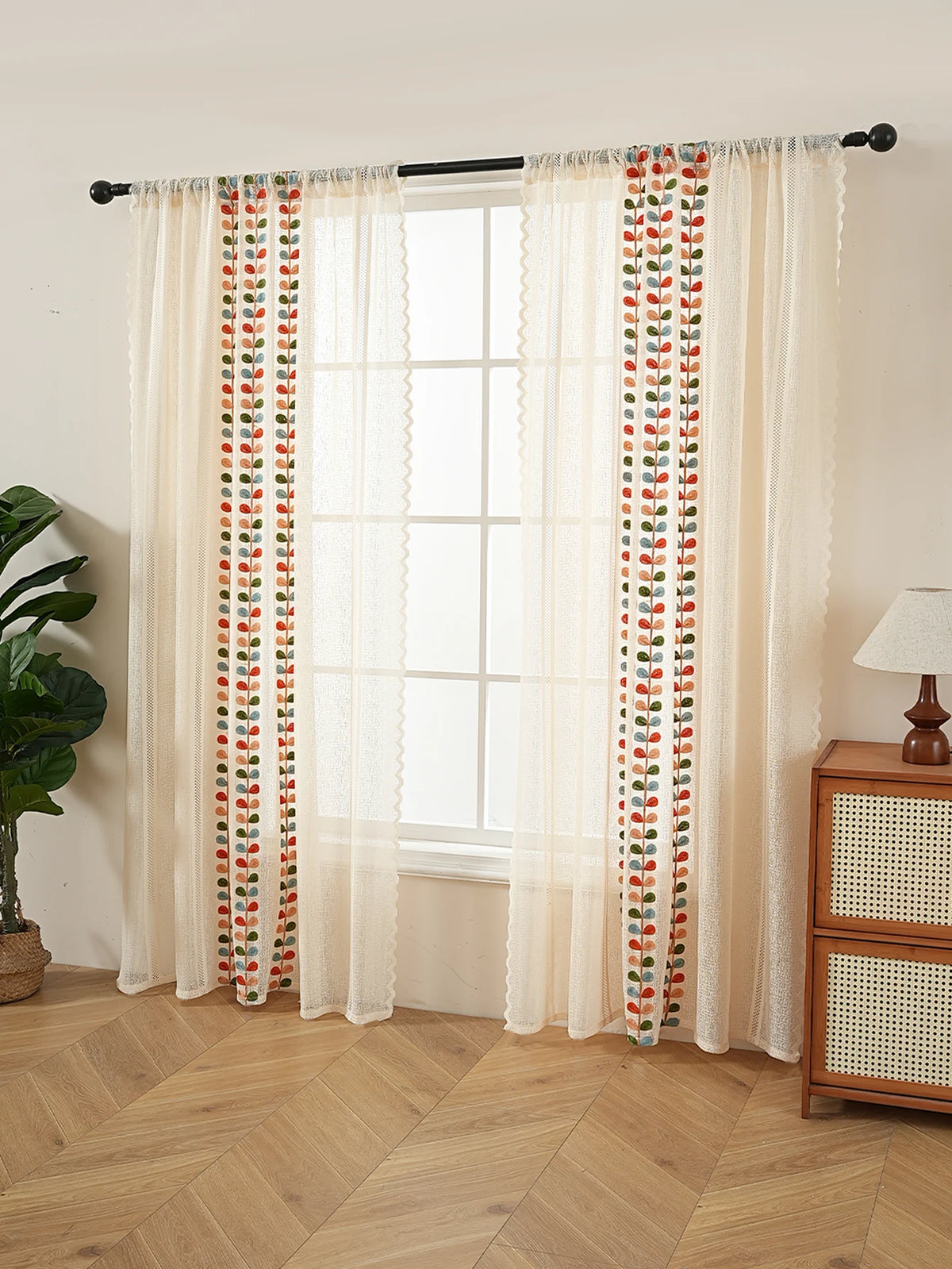 rideau brodé feuilles colorées polyester moderne élégant blanc vert bleu orange fenêtre chambre salon