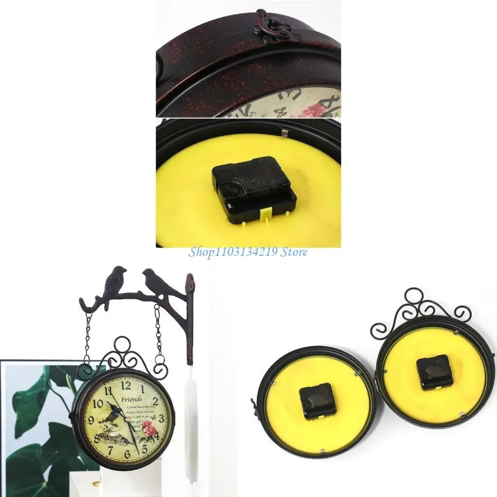 horloge murale vintage imprimé floral noir jaune blanc balançoire romantique salon quartz