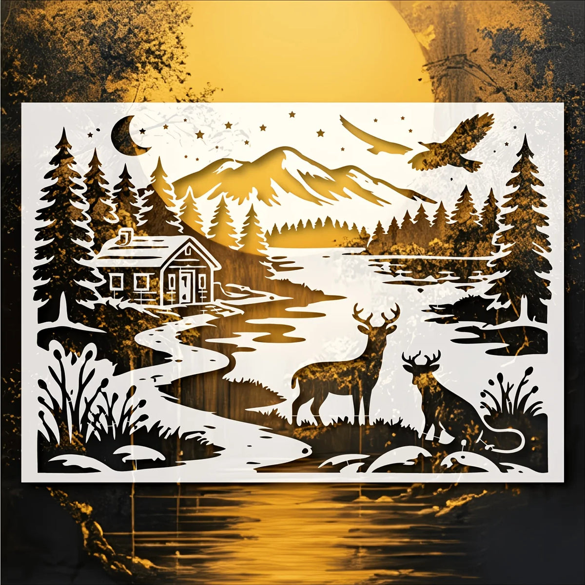 tableaux papier découpé paysages naturels animaux maison cerfs oiseau montagnes arbres opaque coloriage