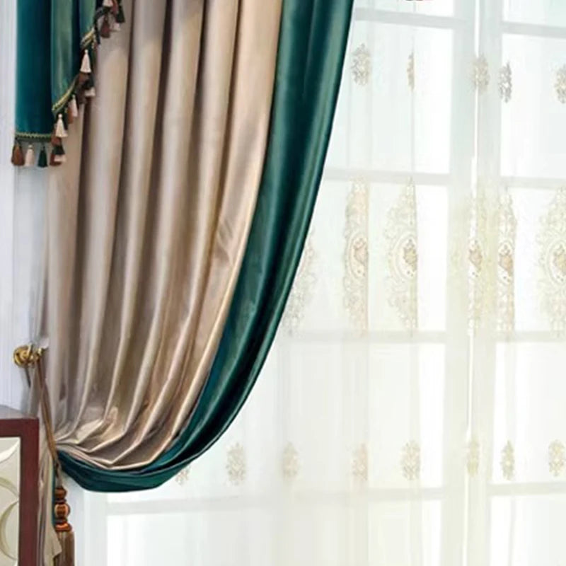 rideaux décoratifs opaques voilage transparent luxueux tissu velours franges décoratives couleur teal beige blanc