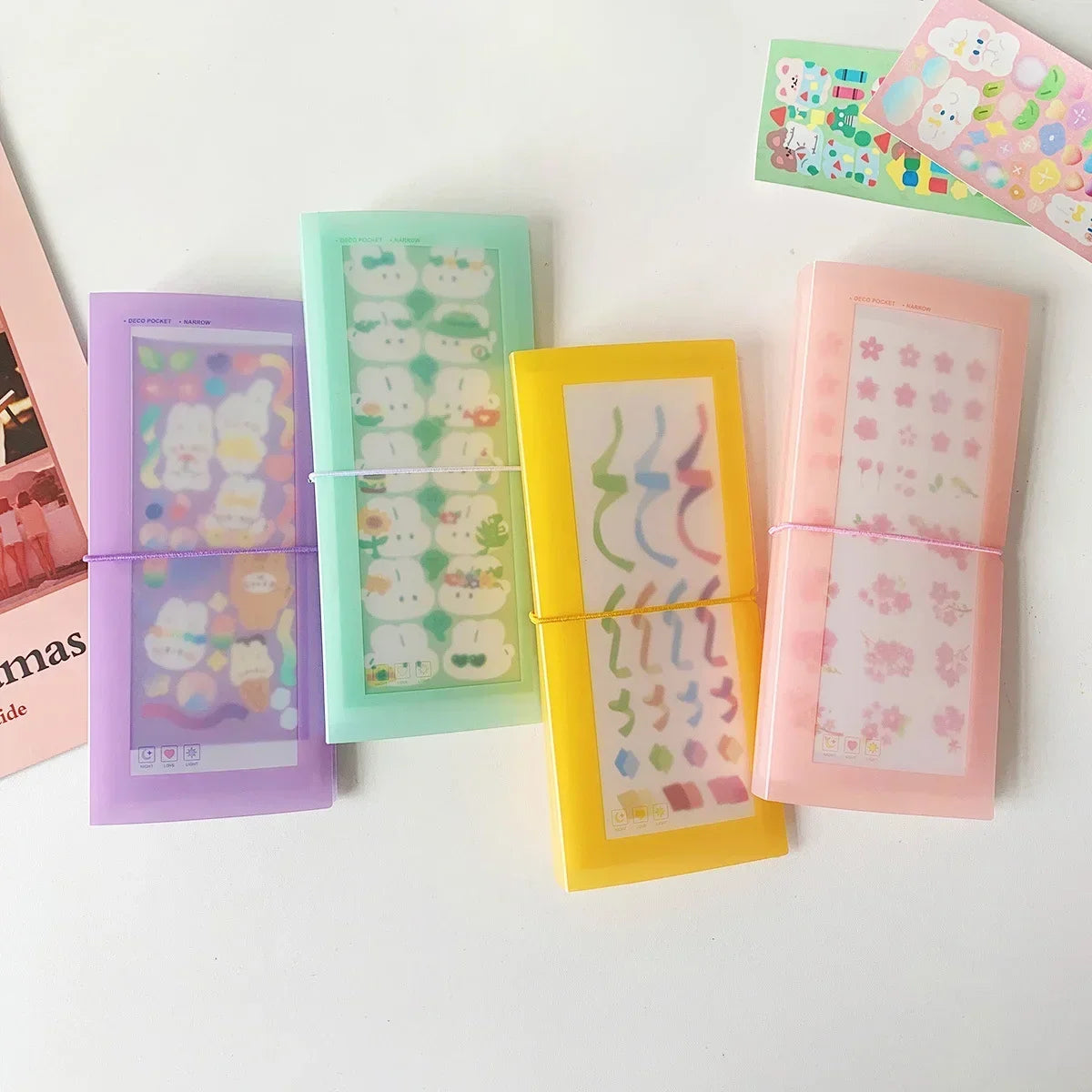 porte stickers animaux mignons 30 pochettes transparentes ruban adhésif moderne enfantin vert rose jaune