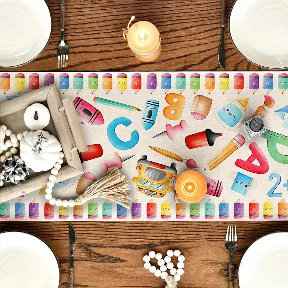 serviette table scolaire motif multicolore crayons règles pommes moderne enfantine bus scolaire faces mignonnes