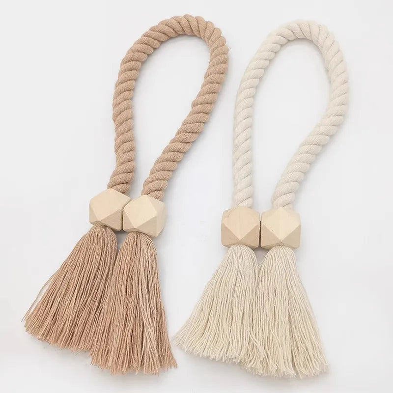 attaches rideaux tressées franges bohèmes bois cubes décoratifs beige naturel rustique