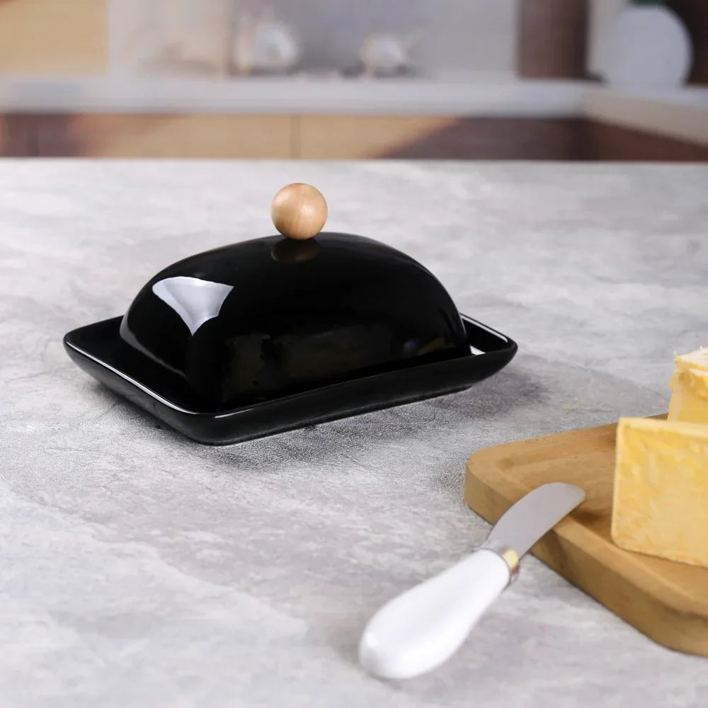porte beurre céramique rectangle noir jaune blanc uni moderne spatule