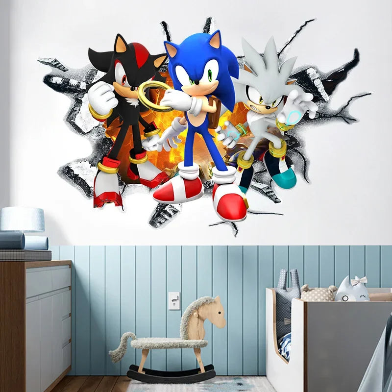 autocollant mural 3d sonic hérisson amis stickers deco chambre enfant pvc bleu