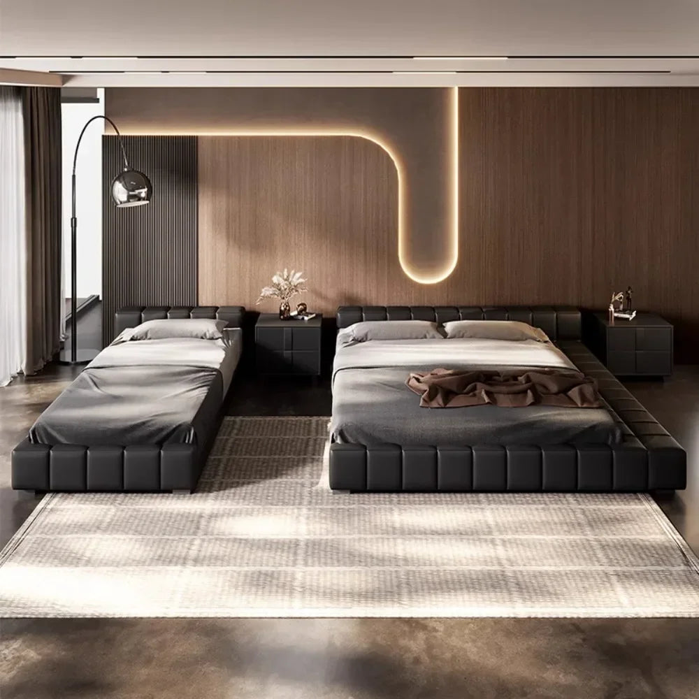 lit noir cuir carré moderne minimaliste deux places chambre maison