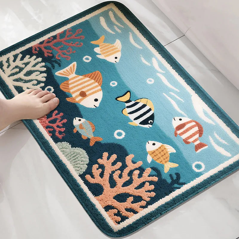tapis bain motif marin poissons salle bain antidérapant bleu clair orange vert