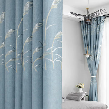 rideau moderne bleu clair motif plantes semi translucide polyester française