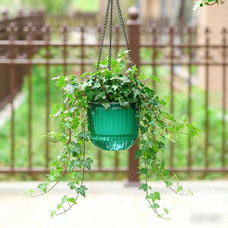 pots suspendus auto arrosants balcon cour plastique rayures vertes modernes marrons chaine inclusion plante