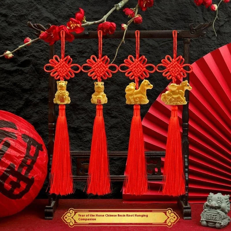 décoration murale suspendue bijou chinois rouge doré nœuds figurines animales artisanat festive