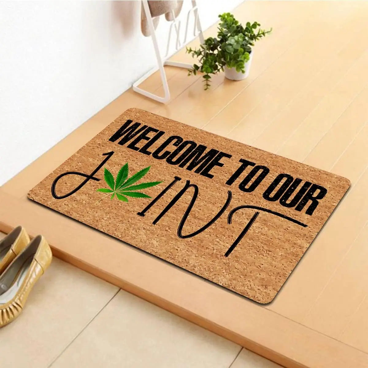 tapis d'entrée marron clair vert feuille cannabis antidérapant résistant intempéries moderne bienvenuextérieurintérieur