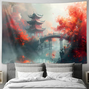 tapisserie murale asiatique paysage japonais rouge gris noir blanche zen décoration intérieure élégante ambiance