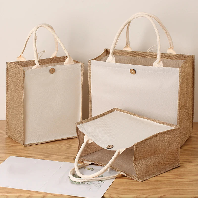 sac main toile jute polyester beige brun clair classique vintage poignées détachables fermé loquet