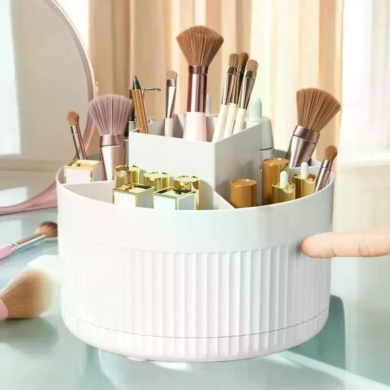organisateur maquillage rotatif blanc pinceaux rouges lèvres crayons cosmétiques moderne minimaliste