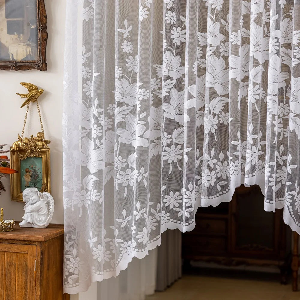 rideau floral dentelle polyester blanc translucide vintage champêtreextérieur fixe single panel