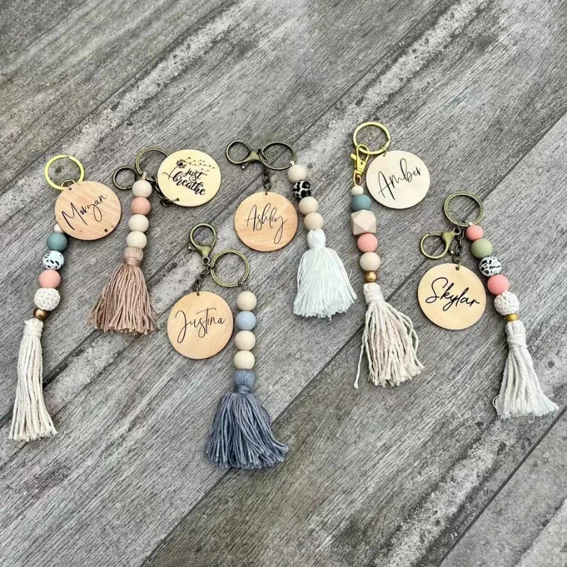porte clés boho chic rondes frange bois blanc gris beige marronclair
