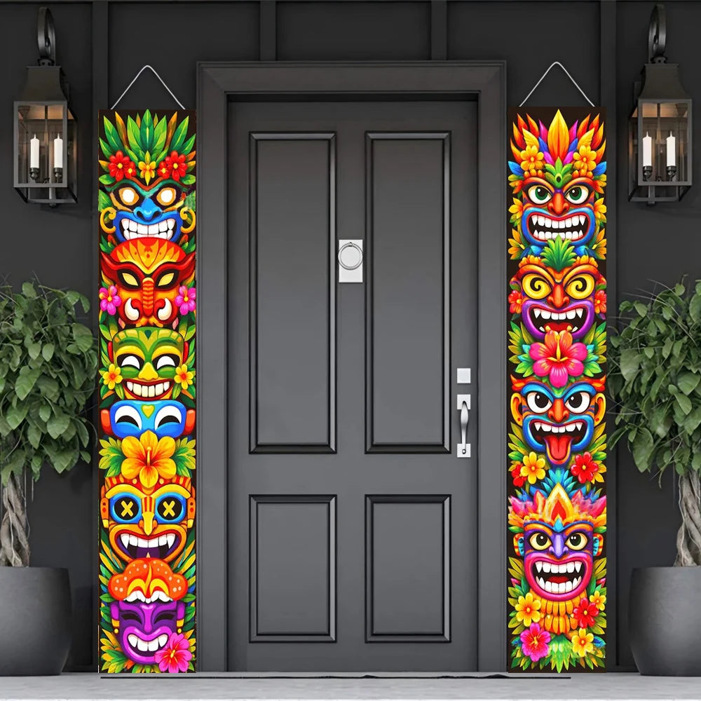 bannière ethnique colorée motifs floraux masques crochets polyester 180x30cm festive hawaienne