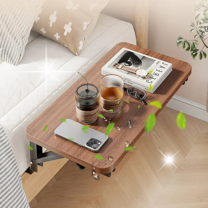 table rabattable murale moderne table nuit marron structure métallique bouteilles d'eau verres téléphones lunettes